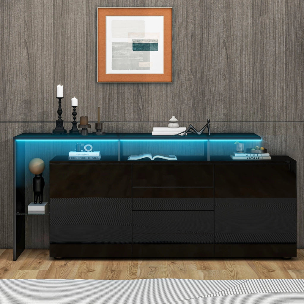 Sideboard 160x35x70 cm con LED e USB; 2 porte; 4 cassetti; nero