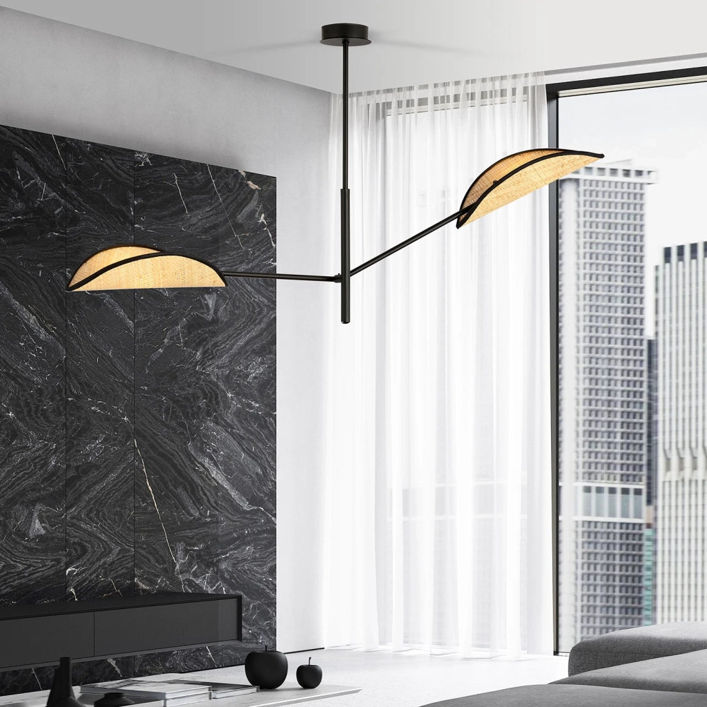 Lampadario 2 Luci Eridano In Acciao Nero E Rattan Con Bracci Mobili