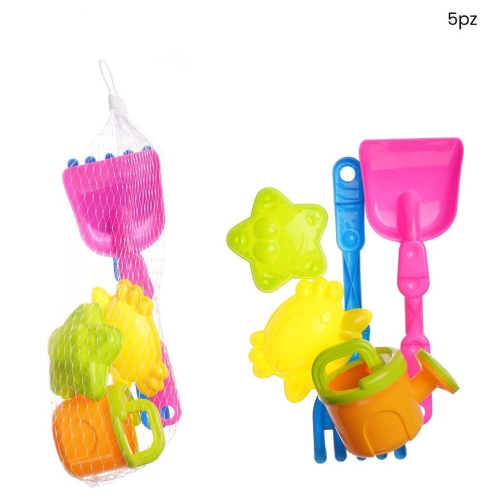 Trade Shop - Set Giocattoli Spiaggia 5pz Bambini Paletta Innafiatoio Rastrello Formine Marine 618566 -