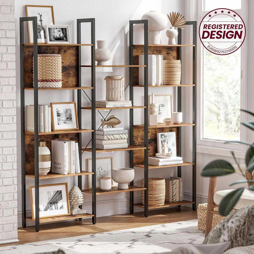 VASAGLE Libreria, Scaffale Portaoggetti, con 14 Ripiani, Struttura in Metallo, Soggiorno Studio Ufficio, Stile Industriale, 24 x 158 x 166 cm, Marrone Vintage e Nero Inchiostro LLS107B01