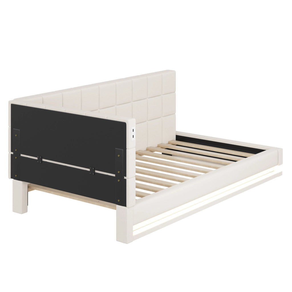 Divano letto imbottito 90x200 cm con LED, USB e rete a doghe