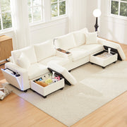 Divano ad U in Velluto a Coste con Poggiapiedi, Luce LED e USB ¨C MINIMAL ¨C Beige, 334x128.5x81 cm