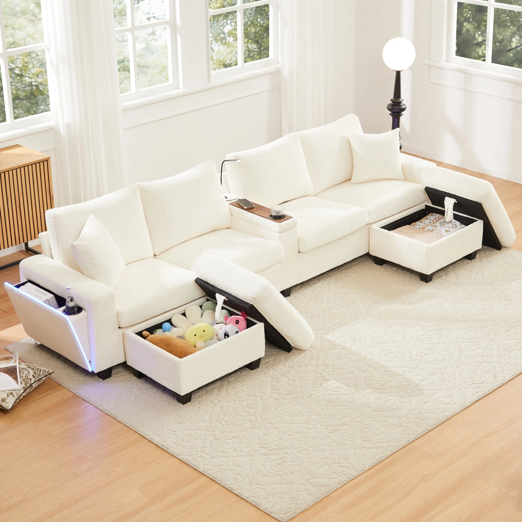 Divano ad U in Velluto a Coste con Poggiapiedi, Luce LED e USB ¨C MINIMAL ¨C Beige, 334x128.5x81 cm