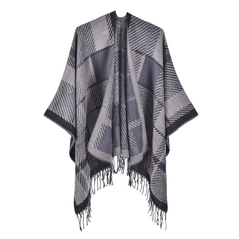 Sciarpa/mantello da donna con spacco e nappe, fantasia a quadri classica, extra large, spessa e calda, lavorata a maglia.