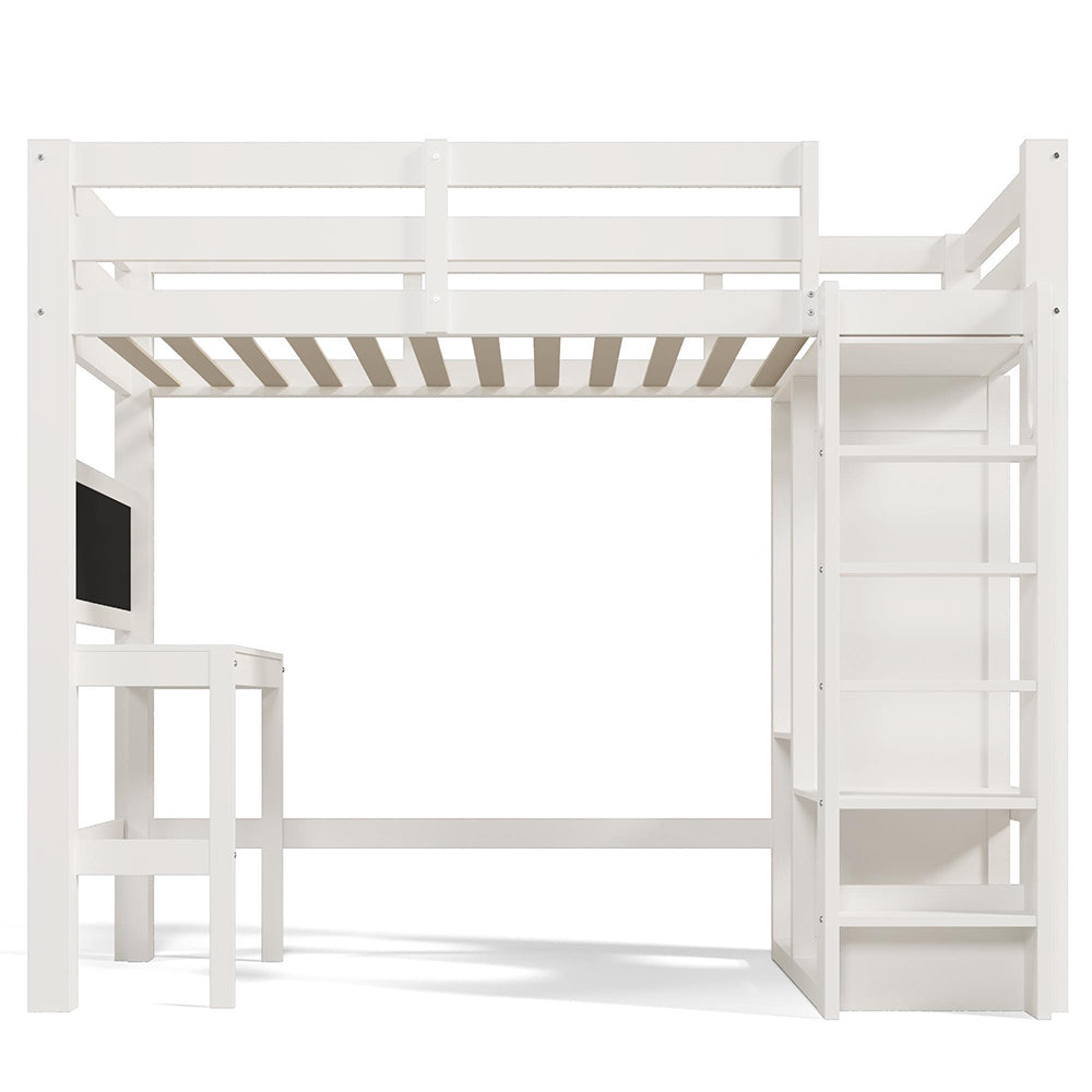 Letto a soppalco per bambini - Xylo - 90x200 cm - Bianco - Con scrivania, armadio e scaffali