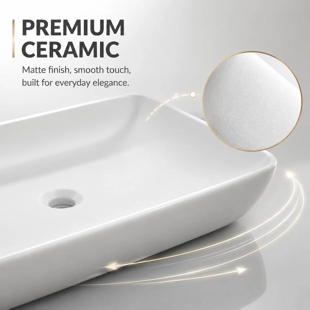 Luxury Rectangular Washbasin, Matte White, 71x38 Cm, Ceramic