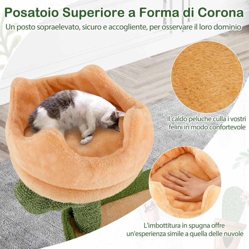 Tiragraffi 160cm, Albero per Gatti con Pali per Graffi in Sisal, Posti a Sedere Imbottiti, Giochi Appesi e Cuccia, Torre per Animali Domestici da Interno a Forma di Cactus, Verde