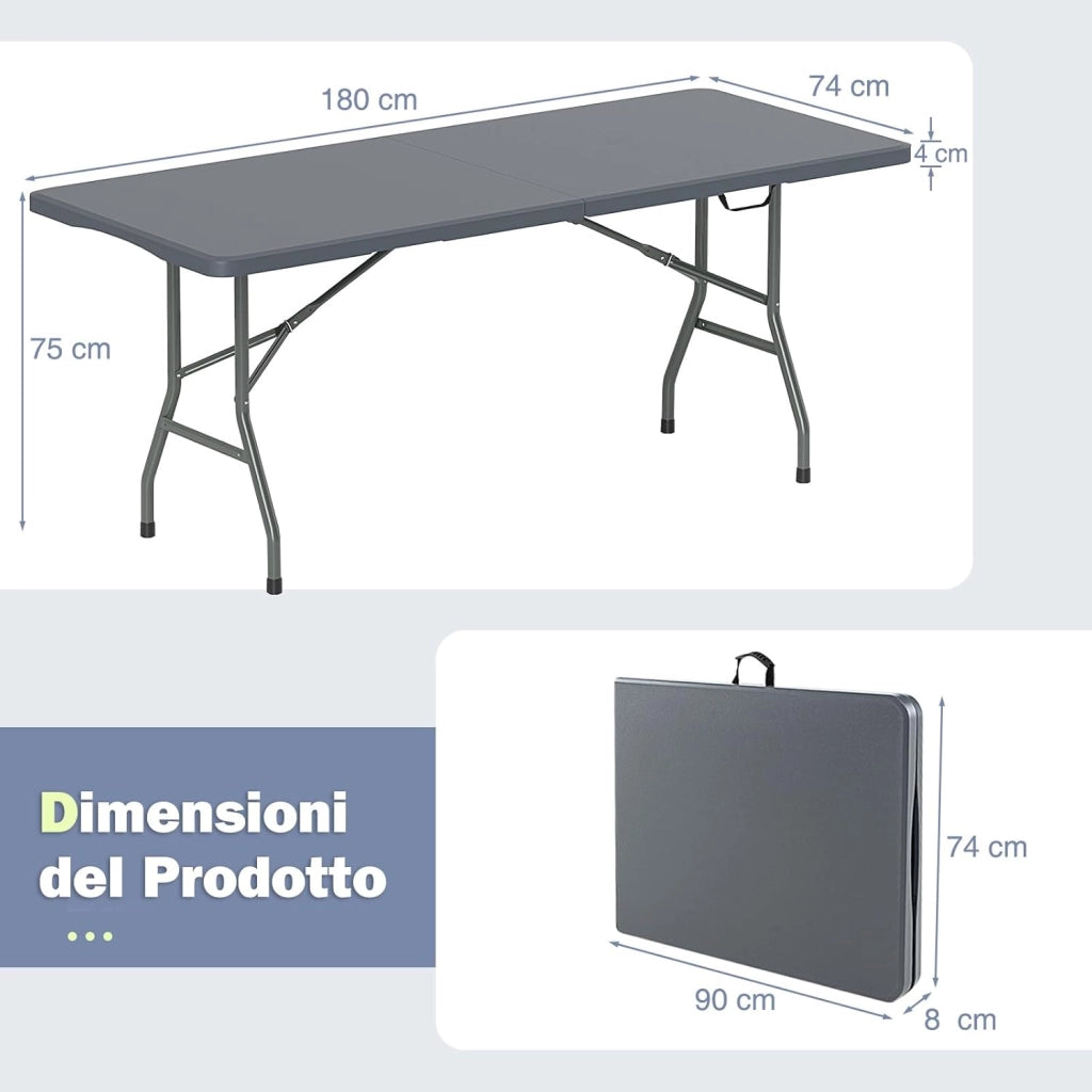 Tavolo Pieghevole Portatile da 180 cm, Tavolo da Campeggio in HDPE, Meccanismo di Blocco Sicuro, Tavolo da Picnic con Maniglia, Portata 160 kg (180 cm,Grigio)