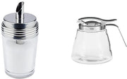 Dispensatore di zucchero, dispensatore di zucchero o latte in vetro, 6,5 x 6,5 cm, 14,5 cm alto.
Schenkino universale, schenkino in vetro con coperchio in acciaio inossidabile, 8,5 x 12 cm, 13 cm alto.