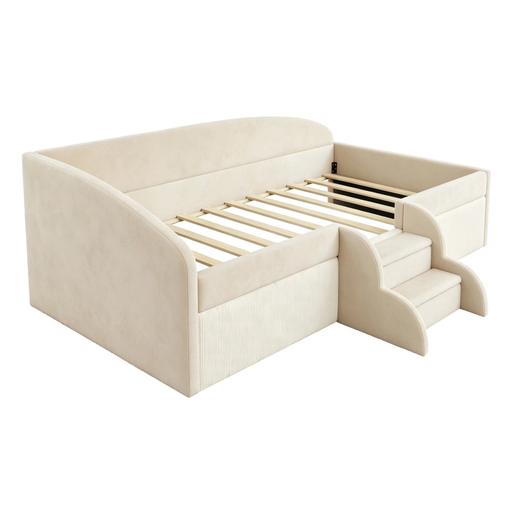Letto per bambini 90 × 190 cm con scalini antiscivolo, sponde di sicurezza, senza materasso, beige
