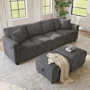 Divano modulare grigio in ciniglia 261x134x82 cm con 2 pouf contenitore; USB e Type-C