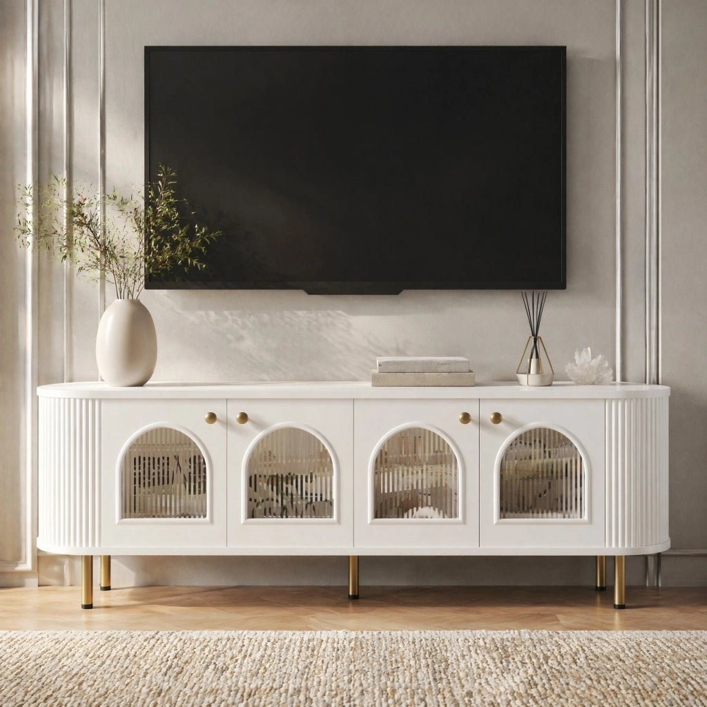 Mobile porta TV con 4 ante in vetro, bordi arrotondati, passacavi, MDF bianco e oro 170 × 35 × 55 cm