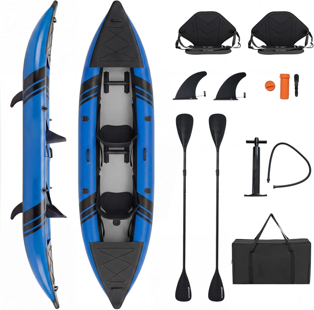 Kayak Gonfiabile 2 Posti, Kayak da Pesca Gonfiabile e Portatile 381 cm con 2 Sedili Imbottiti e Poggiapiedi Regolabili, Remi in Alluminio, Pompa a Mano, Ideale per Lago e Mare