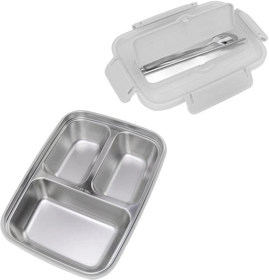 Scatola, 3 compartimenti, acciaio inossidabile, scatola, borsa per pranzo portatile, contenitore di cibo impermeabile con cucchiaio e stecchi per cibi, per ufficio, scuola, campeggio (bianca)