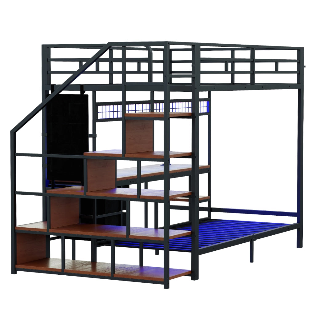 DESMIU Letto a soppalco 2 posti con scrivania, prese, LED e contenitori 140 × 200 e 90 × 200 cm, senza materasso