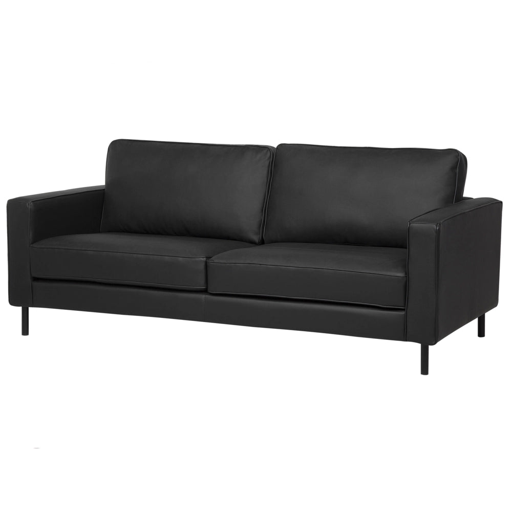 Divano in pelle nera a 3 posti con gambe in metallo con schienale imbottito e minimalista moderno
