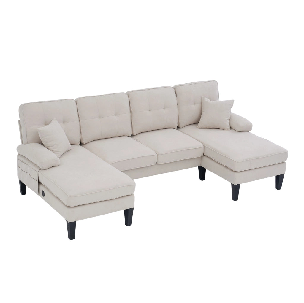 Divano a U a 4 posti con due chaise longue; tessuto in lino beige; 250x130x88 cm
