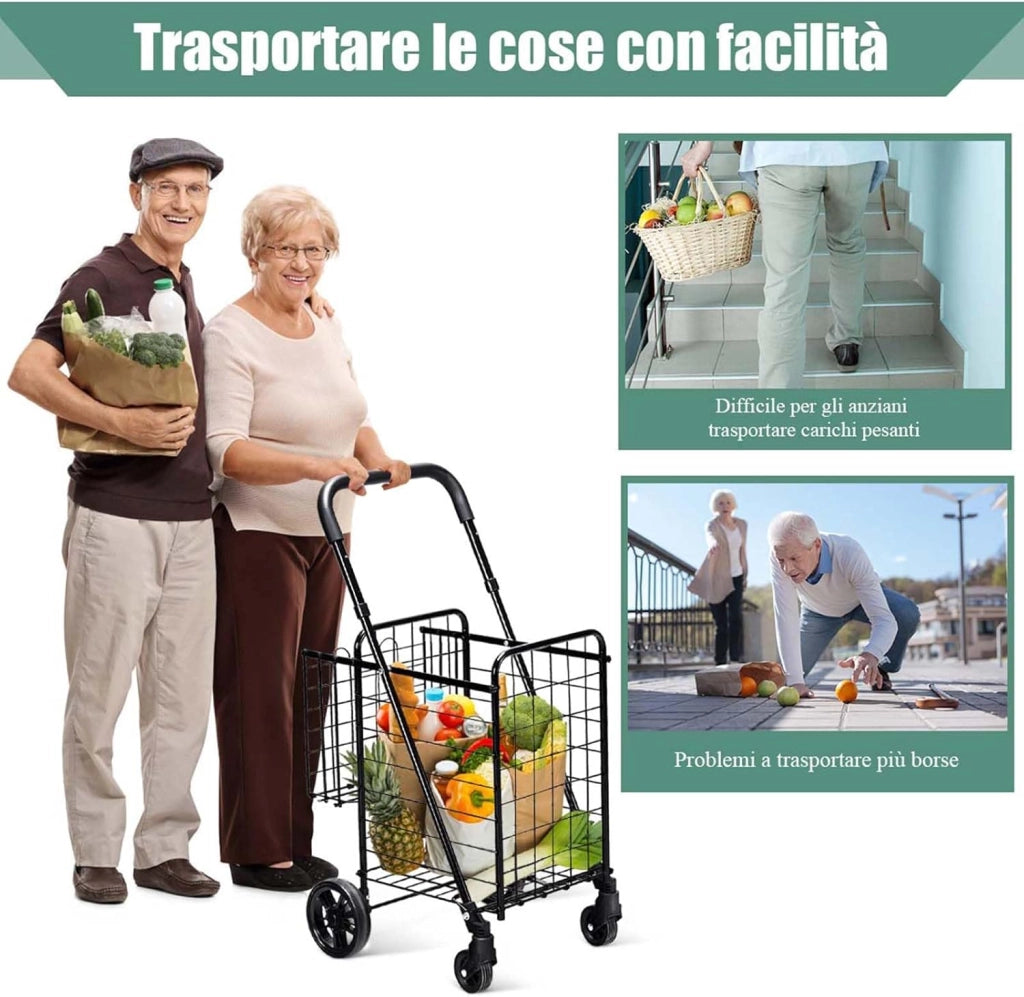 Carrello Portaspesa Pieghevole, Carrello Spesa con Ruote Girevoli a 360 °, Manico Regolabile, 2 Cesti, Capacità di Carico: 20 kg, 58L, 43 x 52 x 89-95 cm (Nero)