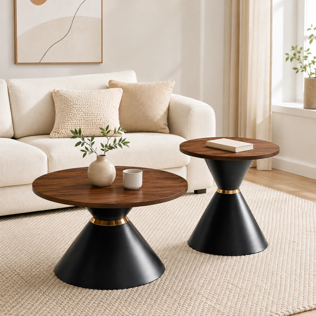 Tavolini bassi impilabili set di 2 con base conica in metallo e piano effetto noce, nero e oro