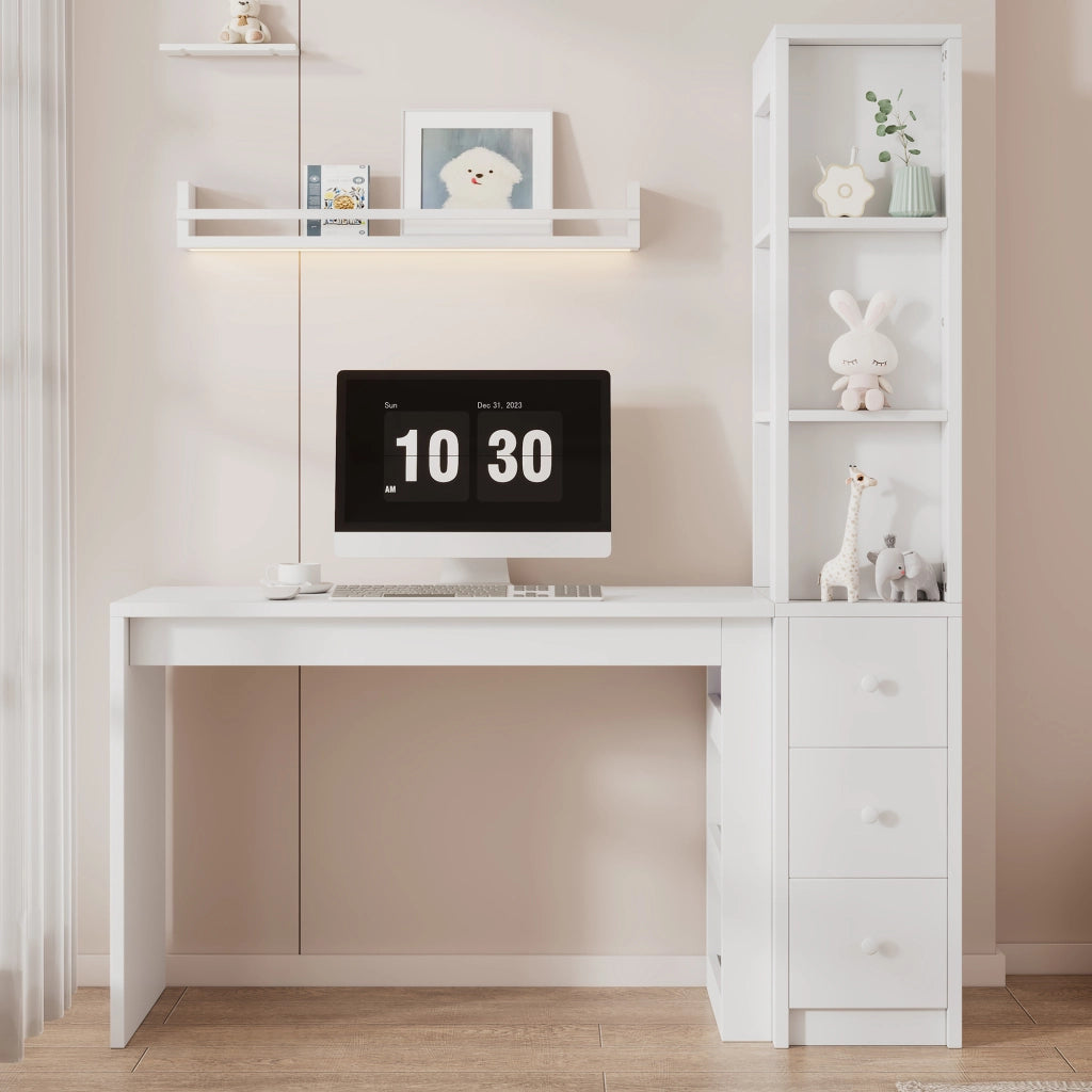 Scrivania con libreria; 3 cassetti e vano laterale - per studio - 150×50×180 cm - bianco