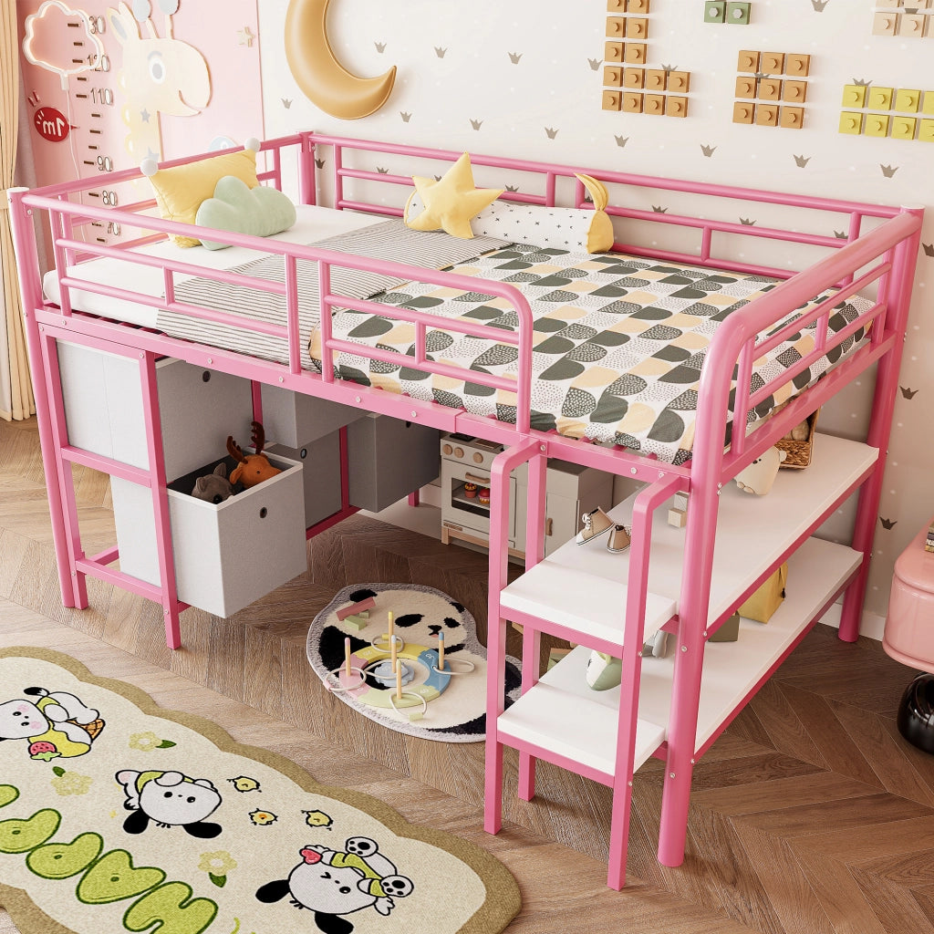 Letto a soppalco basso per bambini 90x200 cm in metallo e MDF rosa con scale larghe, cassetti e ripiani