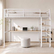 Letto a soppalco in metallo 140x200 cm bianco con scrivania; ripiani e scala di sicurezza