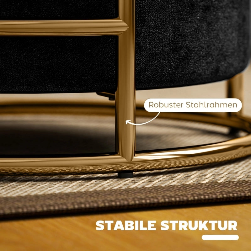 POUF Contenitore Ø42x39 cm Velluto Nero con Struttura in Acciaio Dorato