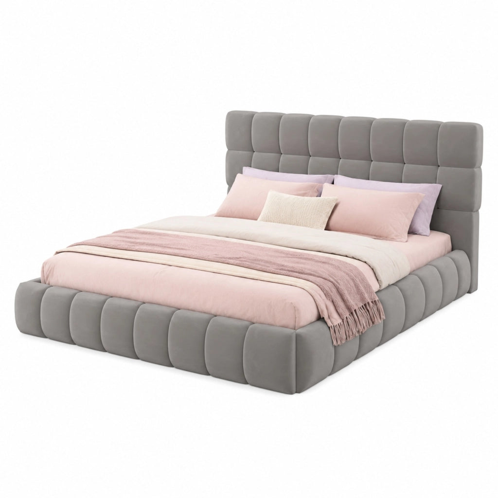 Letto imbottito classico 140x200 cm grigio con testiera e sponde imbottite
