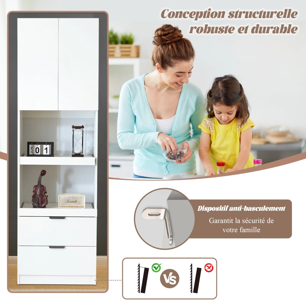 Mobile dispensa da cucina con 1 anta, 2 ripiani aperti e 2 cassetti, con antiribaltamento, bianco 59,5 × 45 × 200 cm