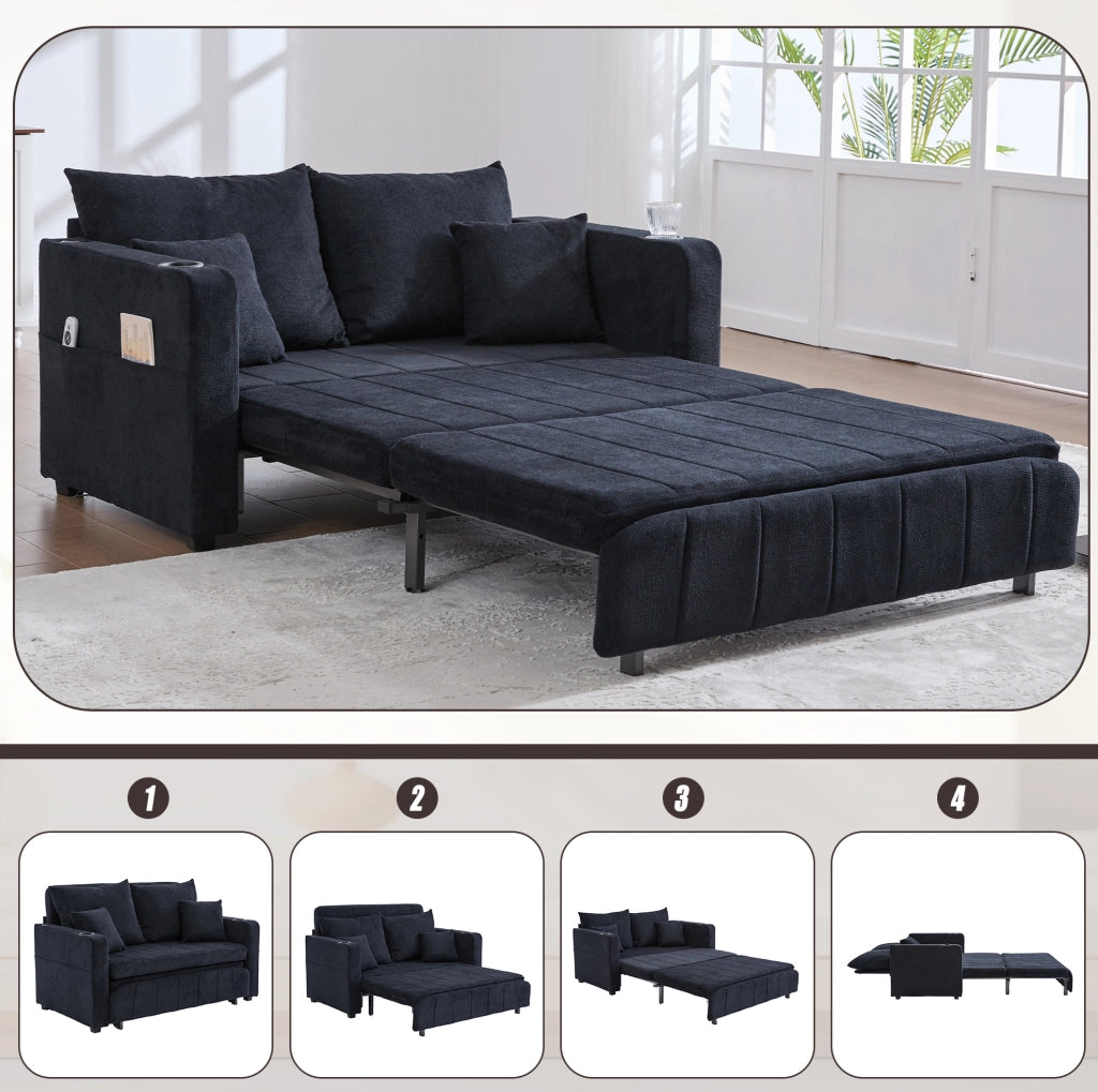 Divano letto trasformabile in ciniglia nera; 139 x 83 x 58 cm; con tasca laterale e 4 cuscini