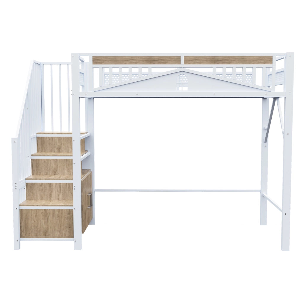 OKWISH Letto a Soppalco 90×200 cm, Letto Singolo con Scala Contenitore, Armadietto e Sponda con Finestra, senza Materasso, Bianco