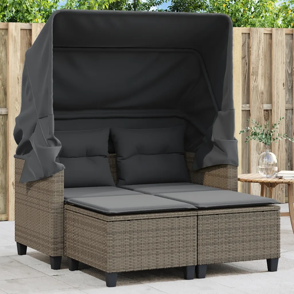 Divano Giardino 2Posti Baldacchino e Sgabelli Grigio Polyrattan 365783