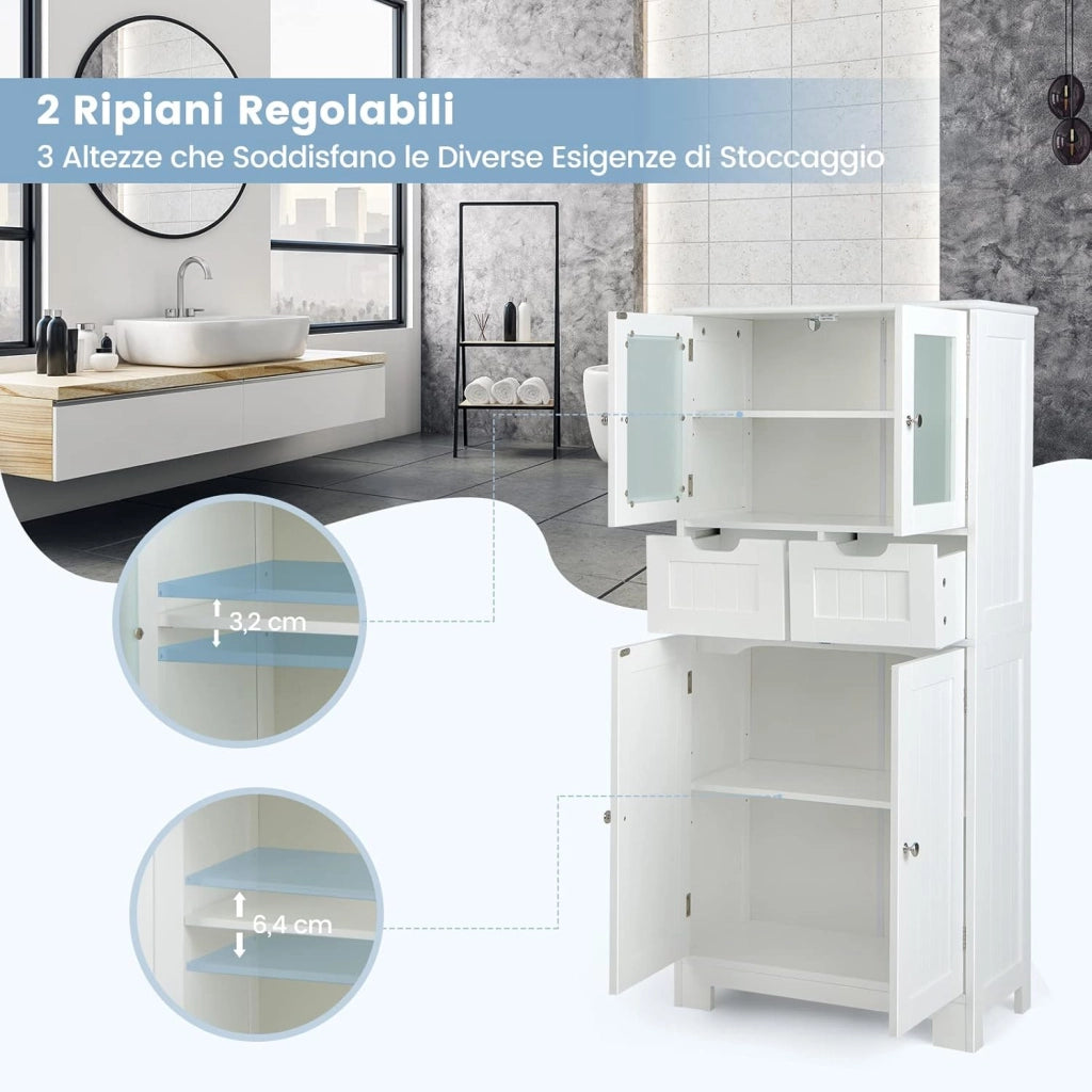 Armadio da Terra con 4 Ante, Mobile da Bagno con 2 Ante in Vetro 2 Cassetti e Ripiani Regolabili, Armadio Multifunzionale per Bagno e Soggiorno, 60x30x128cm (Bianco)