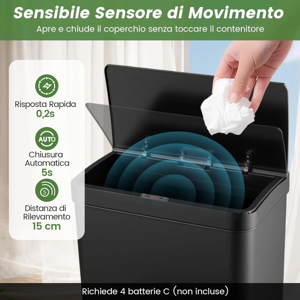 56L Pattumiera Differenziata, Pattumiera in Acciaio Inossidabile a 3 Scomparti con Coperchi, Sensore di Movimento, Coperchio a Chiusura Lenta per Cucina Soggiorno Ufficio (Nero)