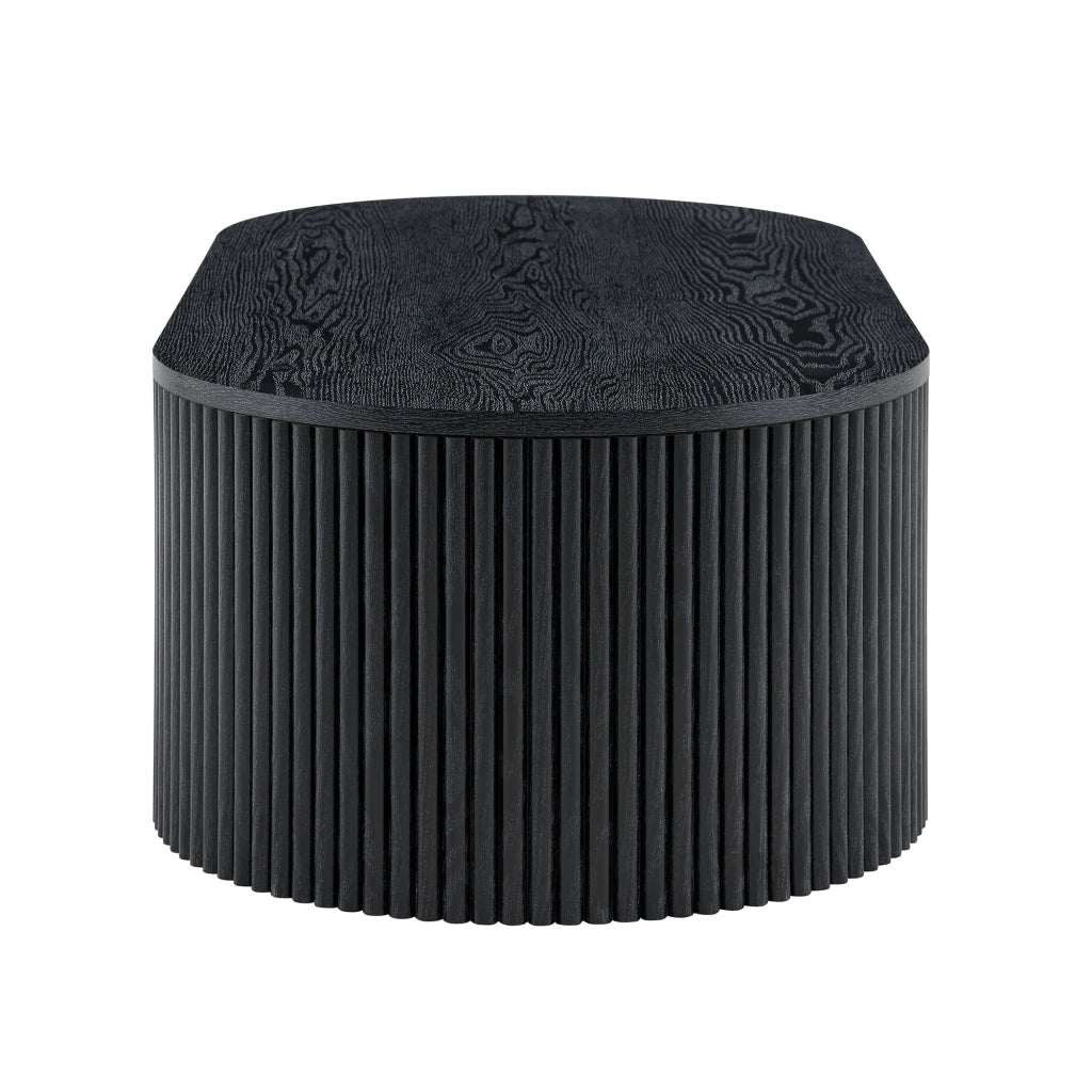 Tavolino basso ovale con cassetto e vano aperto, rivestimento a scanalature, per soggiorno, nero 118 × 65 × 17 cm