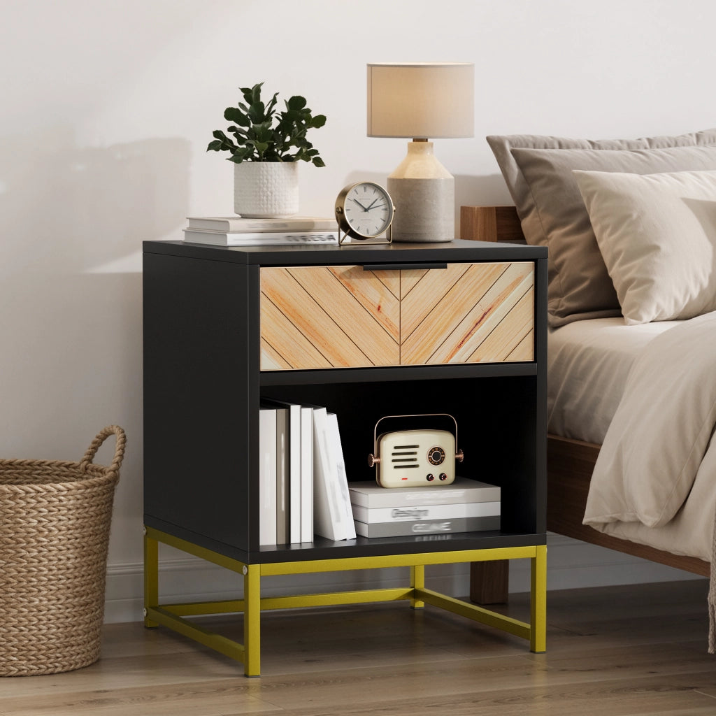 Comodino con 1 cassetto e 1 vano aperto per camera da letto soggiorno e salotto in MDF nero naturale 43 × 40 × 55 cm