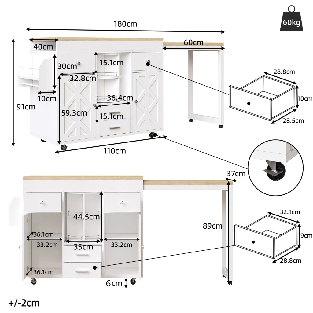 TAVOLO BAR Allungabile 110-180x40x91 cm MDF Bianco con Ruote