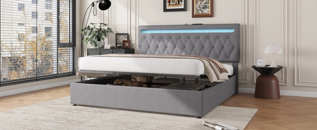 DESMIU Letto contenitore 180 × 200 cm 2 posti con LED regolabile, USB e Type-C, senza materasso, in lino, grigio