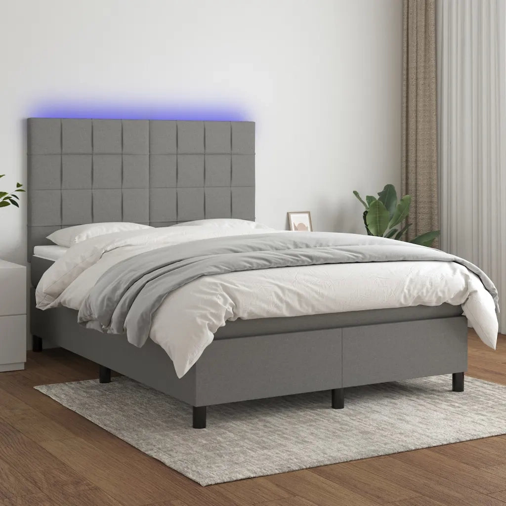Letto a Molle Materasso e LED Grigio Scuro 140x190cm in Tessuto 3134870