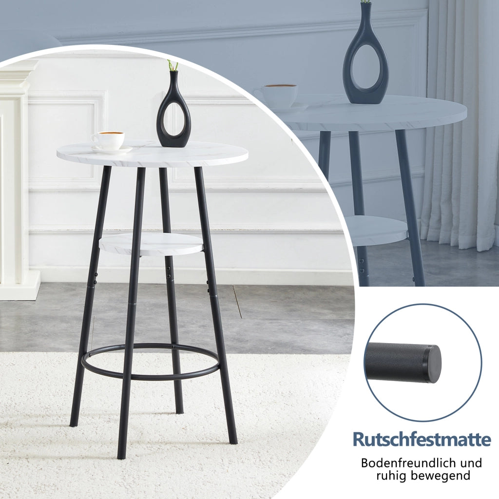 Tavolo da bar con doppio ripiano, effetto marmo bianco e struttura in metallo nero, per cucina e soggiorno, 60 × 89 cm