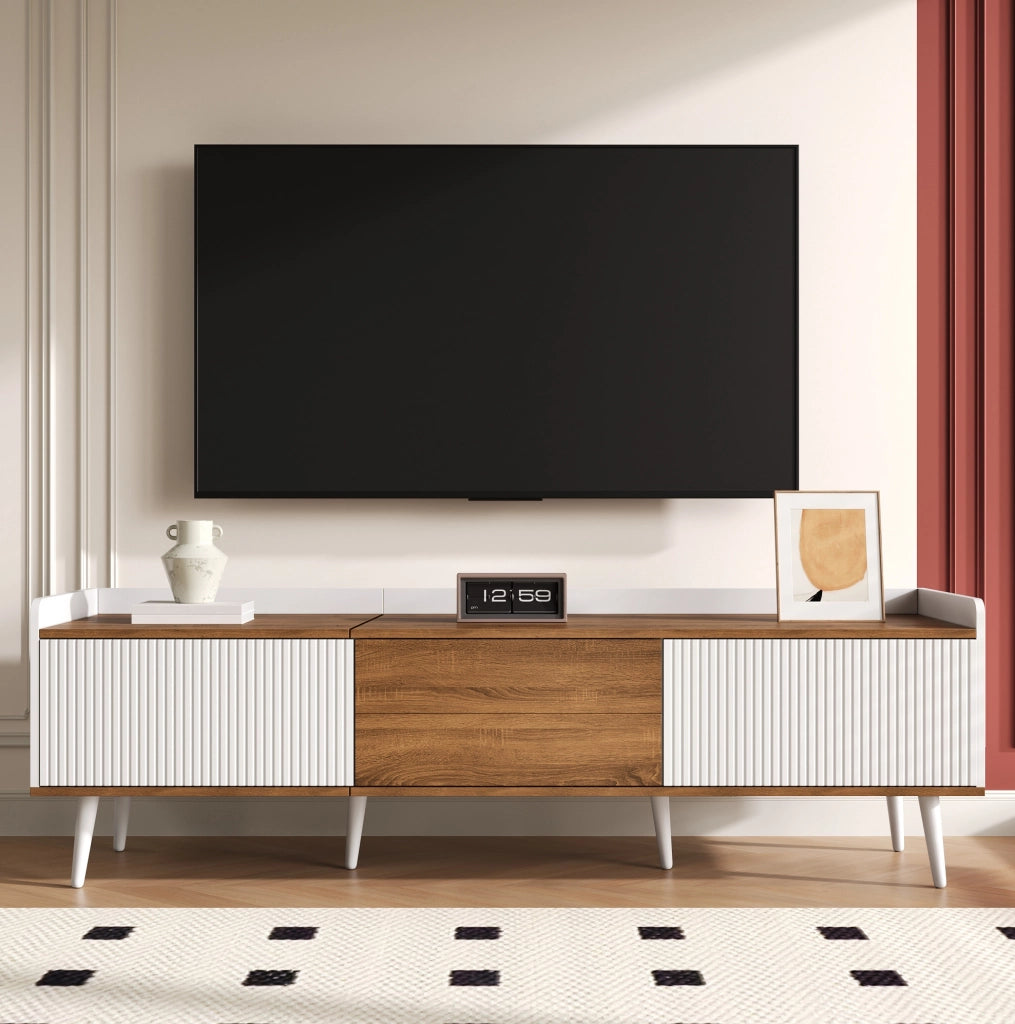Mobile TV 160x39x49.5 cm con 3 ante e bordo rialzato in MDF e truciolato bianco e naturale