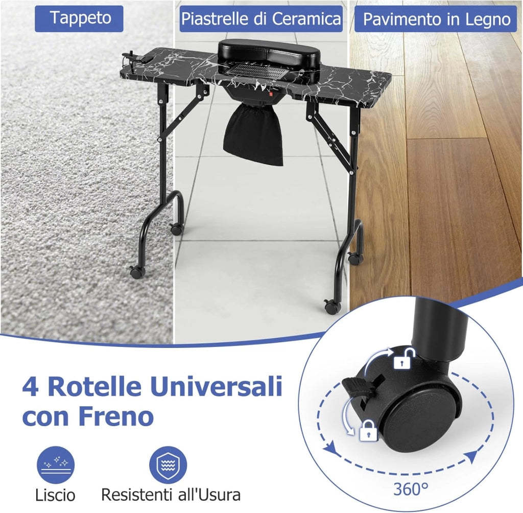 COSTWAY Tavolo per Manicure Pieghevole con Aspiratore Elettrico, Tavolo per Unghie Portatile con Luce LED, Cuscino Poggia Polso Clienti, Borsa e 4 Ruote Bloccabili (Nero)