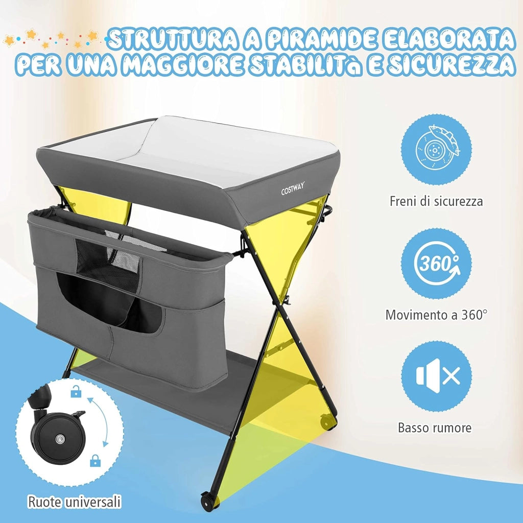 4-in-1 Fasciatoio Pieghevole con Rotelle, Altezza Regolabile, Fasciatoio Portatile con Portaoggetti Borsa e Ripiano, Fasciatoio Neonato 0-12 Mesi (Grigio)