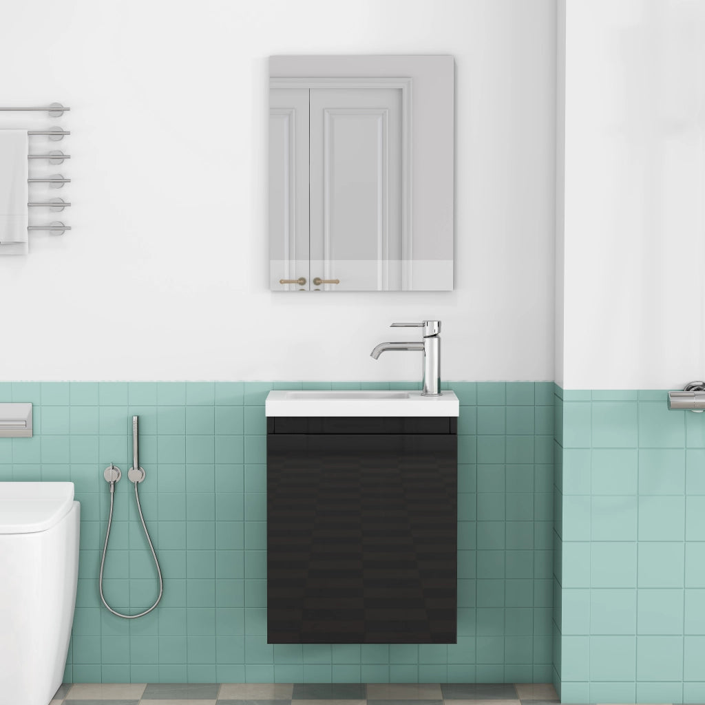 Mobiletto da bagno nero lucido da 40 cm, mobiletto a parete con lavabo in ceramica e specchio, design senza maniglie, cerniere con chiusura