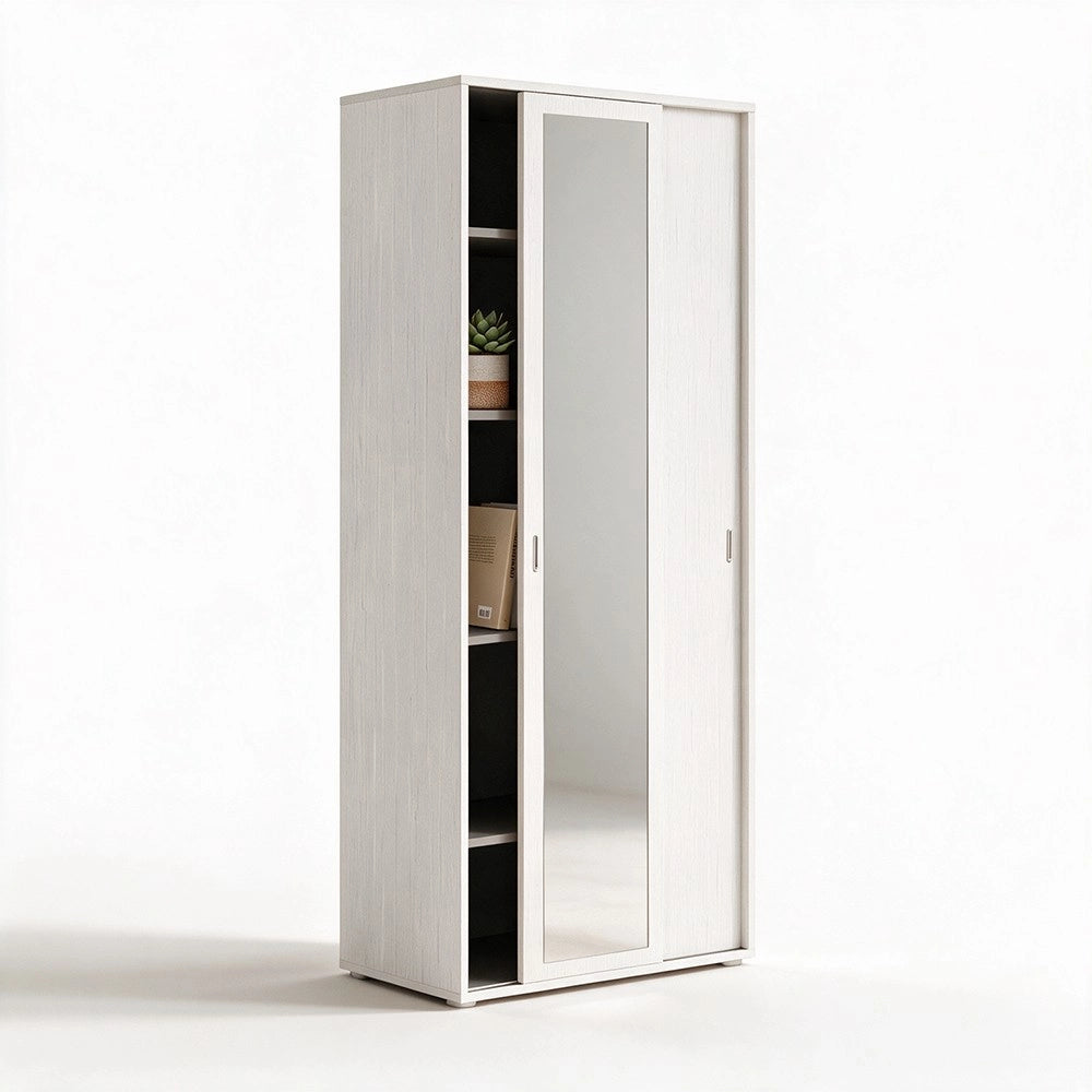 Armadio due ante scorrevoli 90x43x212h con ripiani e specchio colore bianco frassinato