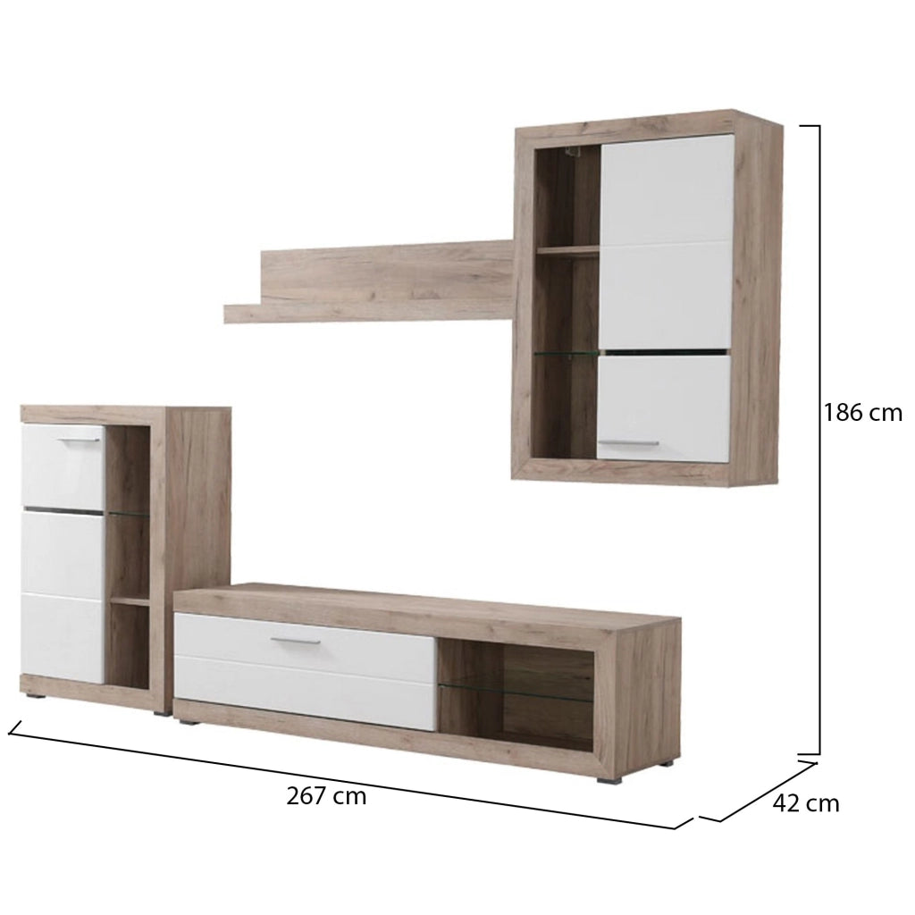 Mobile Soggiorno Dongo, Parete Attrezzata 10 Ripiani, 266.5x41.5x186h cm Bianco