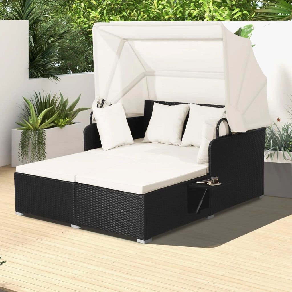 Lettino Prendisole in Rattan, Lettino da Giardino per 2 Persone con Tettuccio Retrattile, Cuscini Spessi, Ideale per Giardino Cortile Portico Prato, 165x153x138 cm