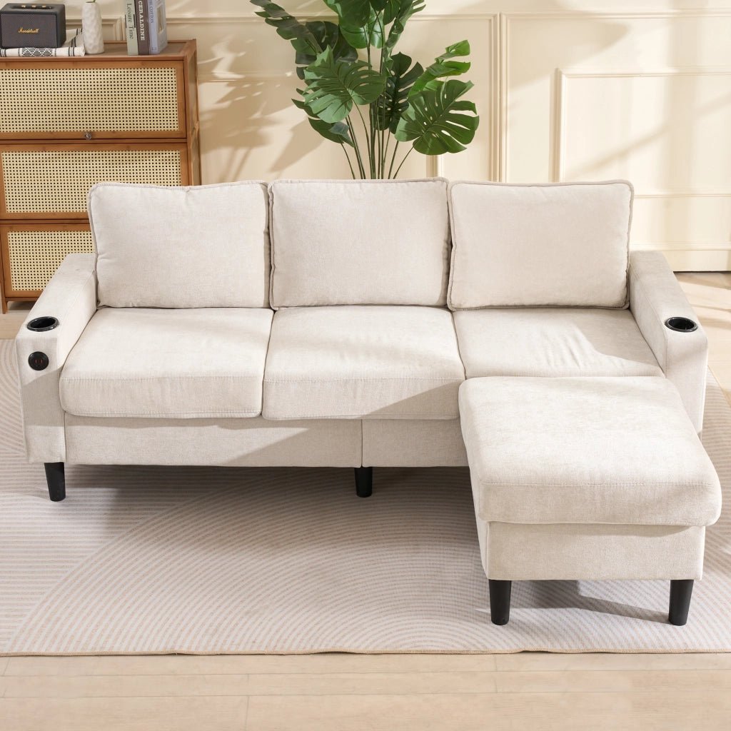 OKWISH Divano ad Angolo con USB e USB-C, Portabicchieri e Tasche Laterali, Pouf Modulare, Lino Beige 202 x 137 x 80 cm