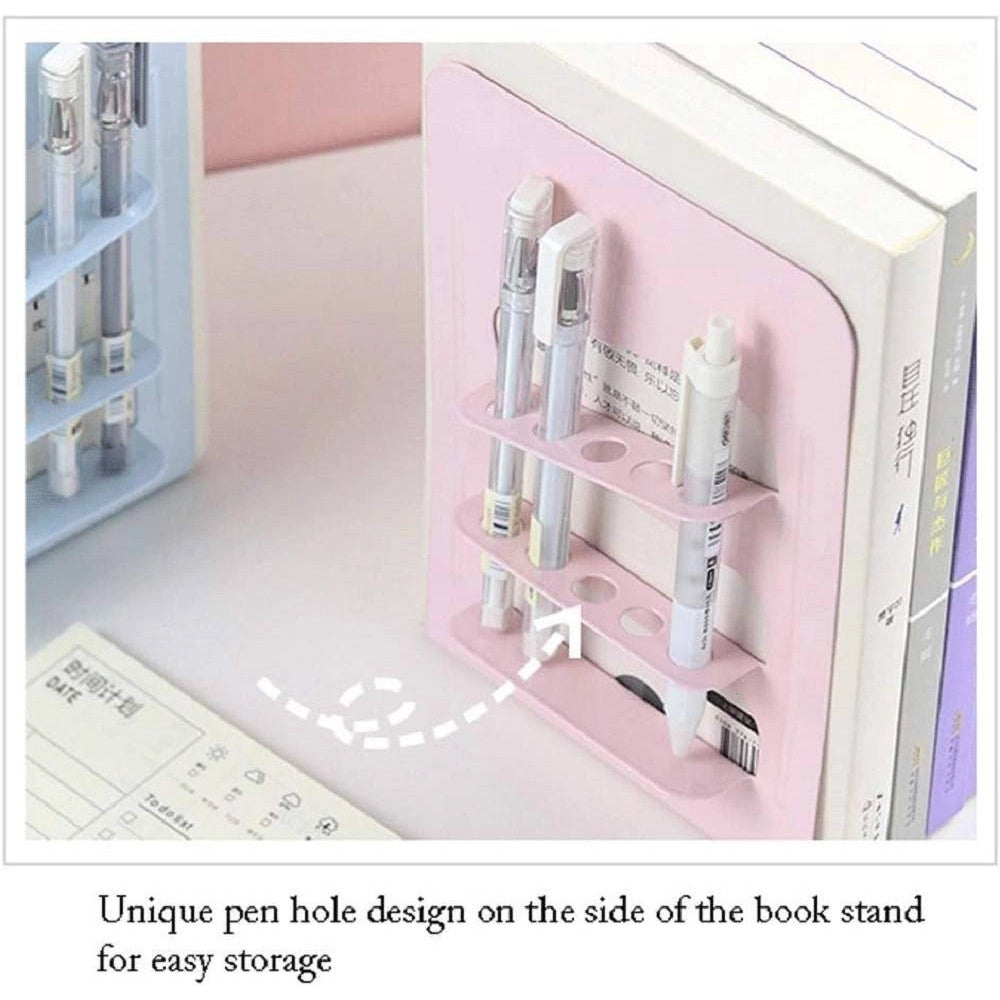 Trade Shop - Set 2 Pz Fermalibri In Metallo Con Portapenne Regolabili Libri Supporto Libreria -