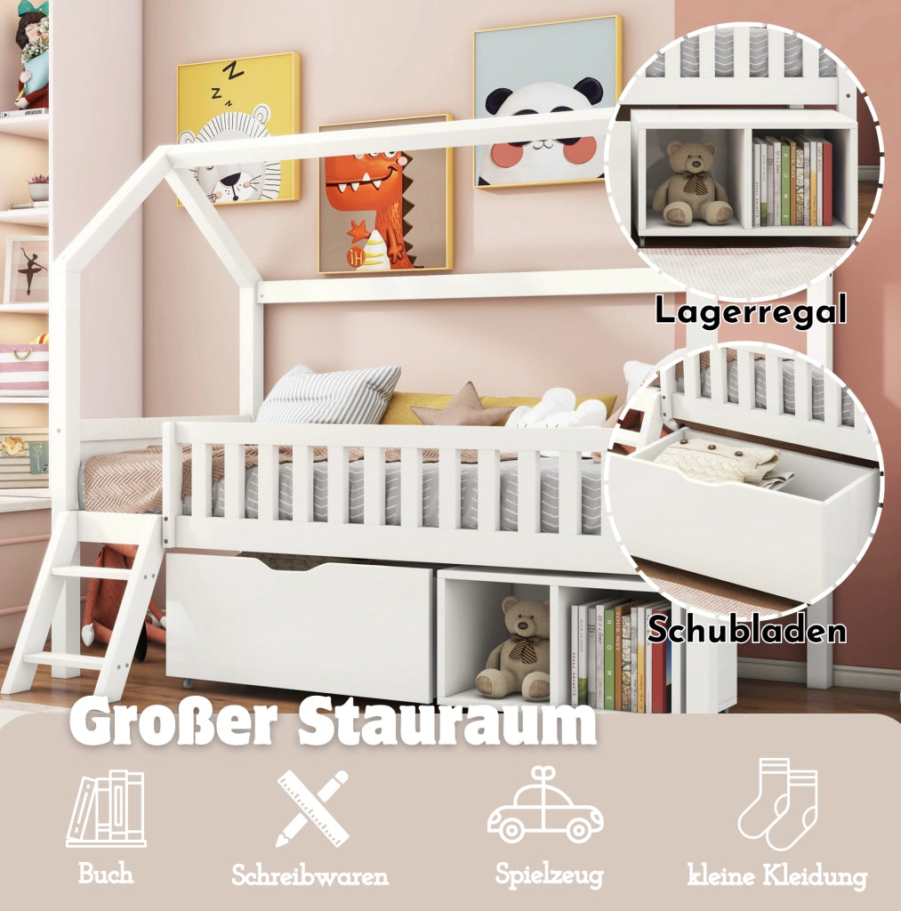Letto a casetta 90 x 200 cm bianco in legno di pino con cassetti